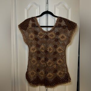 Feminine Summery Elegant Festival Bohemian Western Brown Crochet Women's Top